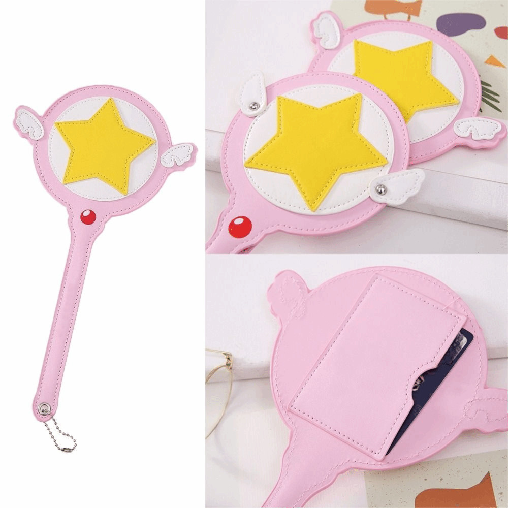 TOPTOOLCX Card Cover, có cánh Túi đựng thẻ cây đũa phép hình ngôi sao bằng da PU, Cosplay Anime Bảo vệ dễ thương Thẻ tàu điện ngầm xe buýt