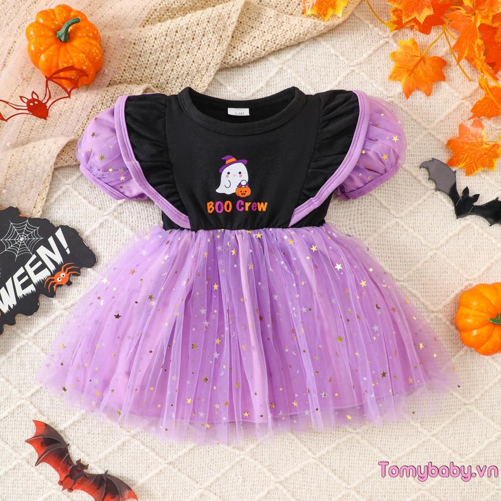 Bé Gái Halloween Một Dòng Đầm Ma In Chữ Ngắn Tay Phồng Tuyn Chắp Vá Váy