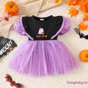 Bé Gái Halloween Một Dòng Đầm Ma In Chữ Ngắn Tay Phồng Tuyn Chắp Vá Váy