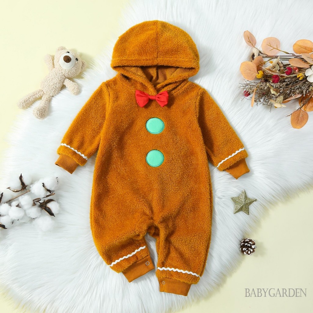 Trẻ Sơ Sinh Cho Bé Giáng Sinh Fuzzy Jumpsuit Bánh Gừng Người Dễ Thương Có Mũ Trùm Đầu Áo Liền Quần Trang Phục Quần Áo