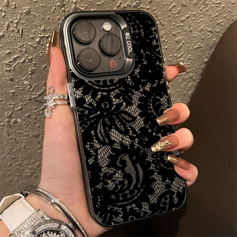 Dành Cho iPhone 16 15 17 Pro Max 11 13 14 12 Pro Cho iPhone 16e 7 8 Plus XS Max X XR SE2022 Thời Trang Ren Đen Viền Cô Gái Thoáng Mát IMD Matte Cứng Chống Sốc