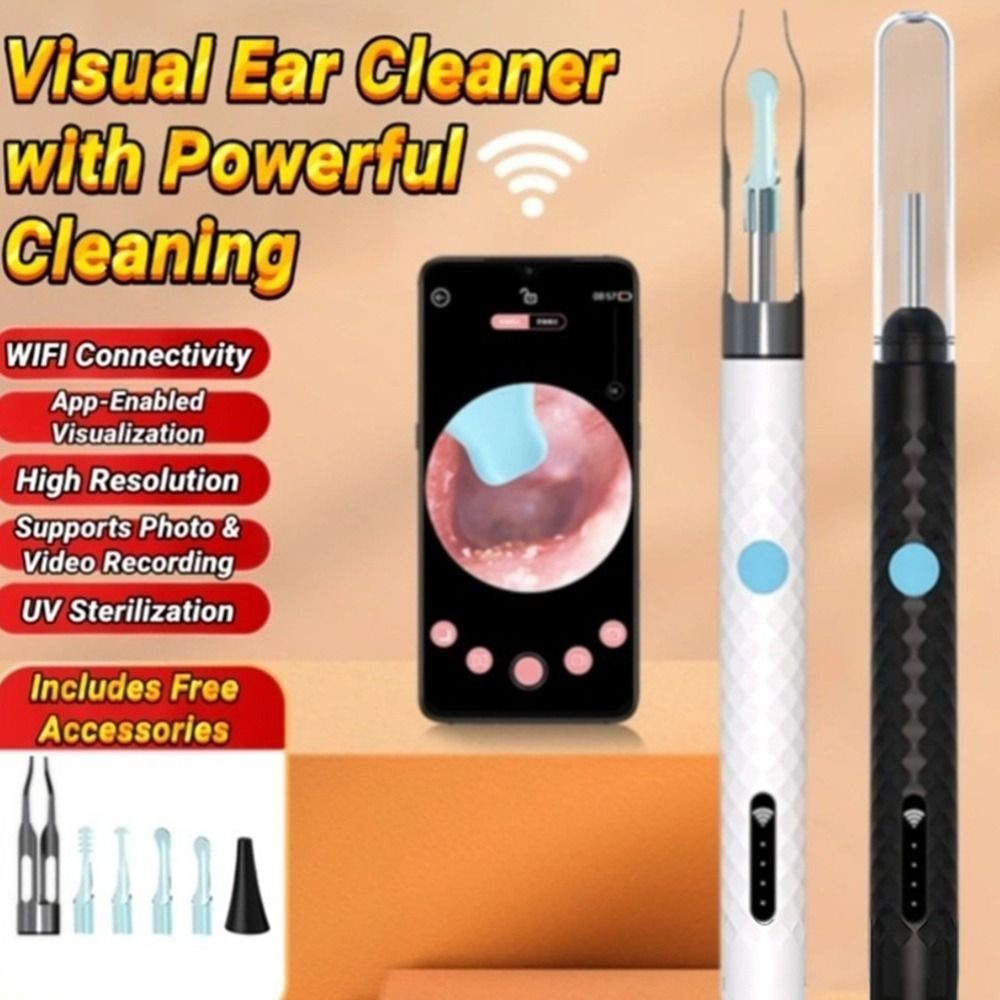 Máy làm sạch tai HOBBYIN, Đèn LED sạc USB Tai nghe, Kết nối WIFI di động trực quan với công cụ làm sạch tai nghe máy ảnh