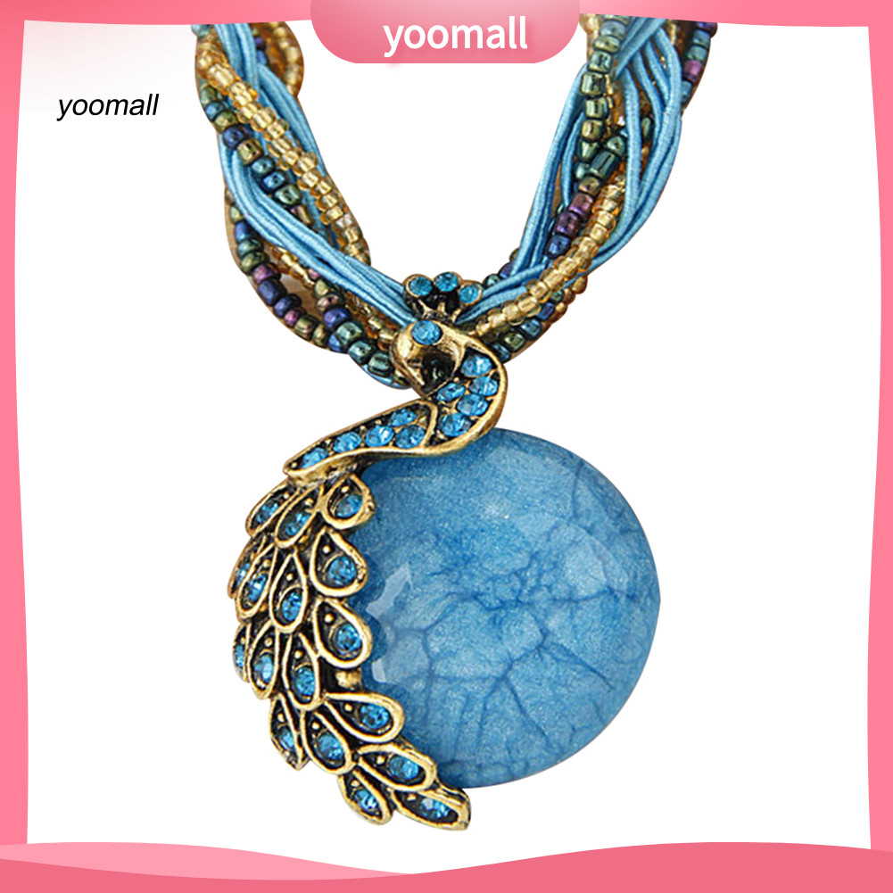 Mặt Dây Chuyền Vòng Cổ Phong Cách Boho, Họa Tiết Con Công, Sọc Kẻ, Kim Cương Và Opal Giả - Quà Tặng Đặc Biệt