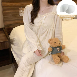 Bộ Đồ Ngủ Có Đệm Ngực Mùa Thu Đông Xuyên Biên Giới Quần Dài Tay Nữ Bộ Đồ Hai Món Đồ Mặc Nhà Viền Hoa Vân Bông Năm 2025