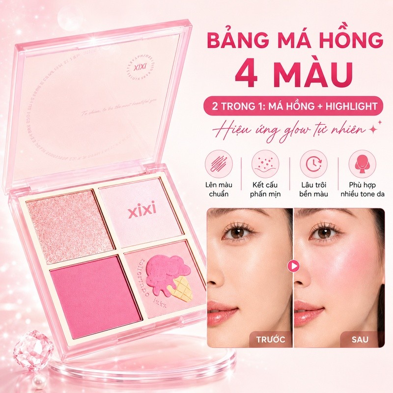 XIXI D511 Bảng Má Hồng 4 Ô Bắt Sáng Tự Nhiên Tạo Hiệu Ứng Hồng Hào