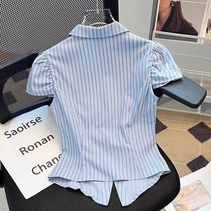 [Ưu đãi đặc biệt trong thời gian có hạn] Áo sơ mi thiết kế ngắn tay polo sọc phong cách Preppy xếp ly mùa hè Phong cách mới Sweet Spicy All-Match Top
