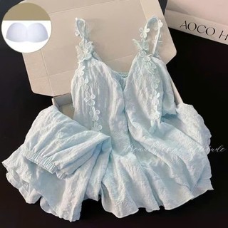 [-Order]-Bộ Đồ Ngủ Nữ 2 Dây Hoa Thêu Lụa Mềm Mát mẻ  | Pijama Dáng Rộng Kèm Quần Short Lưng Thun  mẫu hàng qc