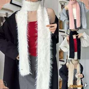 Khăn quàng cổ mỏng mỏng dễ thương, Khăn quàng cổ ấm áp màu trơn Mohair dành cho nữ, Khăn quàng cổ nữ dài sọc mềm mại sang trọng Y2K phong cách Hàn Quốc