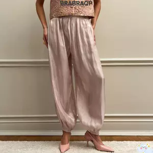 BRBRAA Crepe Loose Bloomers, Quần đèn lồng Satin co giãn dáng rộng, Quần dài mắt cá chân dáng rộng thanh lịch dành cho nữ