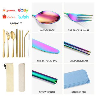 1010 Bộ đồ ăn bằng thép không gỉ Muỗng nĩa Đũa Bộ ống hút Bộ đồ ăn di động ngoài trời có thể in được