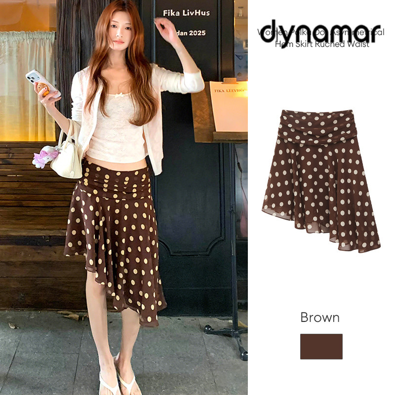 【dynamar】Chân Váy Voan Chấm Bi Vạt Chéo Vintage Nữ, Váy Voan Chấm Bi Nâu Dáng Xòe Hàn Quốc