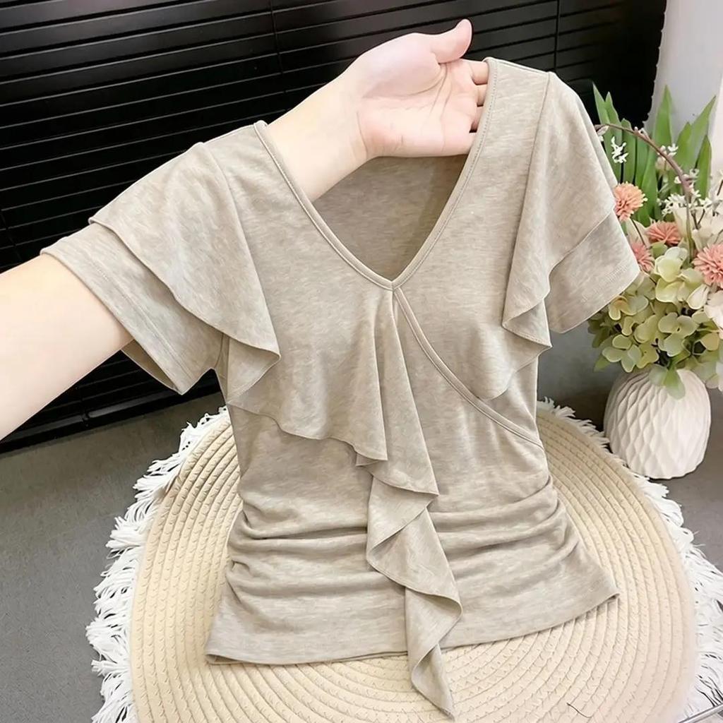 [Seckill trong thời gian có hạn] Phong cách mới Thiết kế bán chạy Áo thun ngắn tay cổ chữ V xù, Áo thun đẹp nhẹ nhàng mùa hè