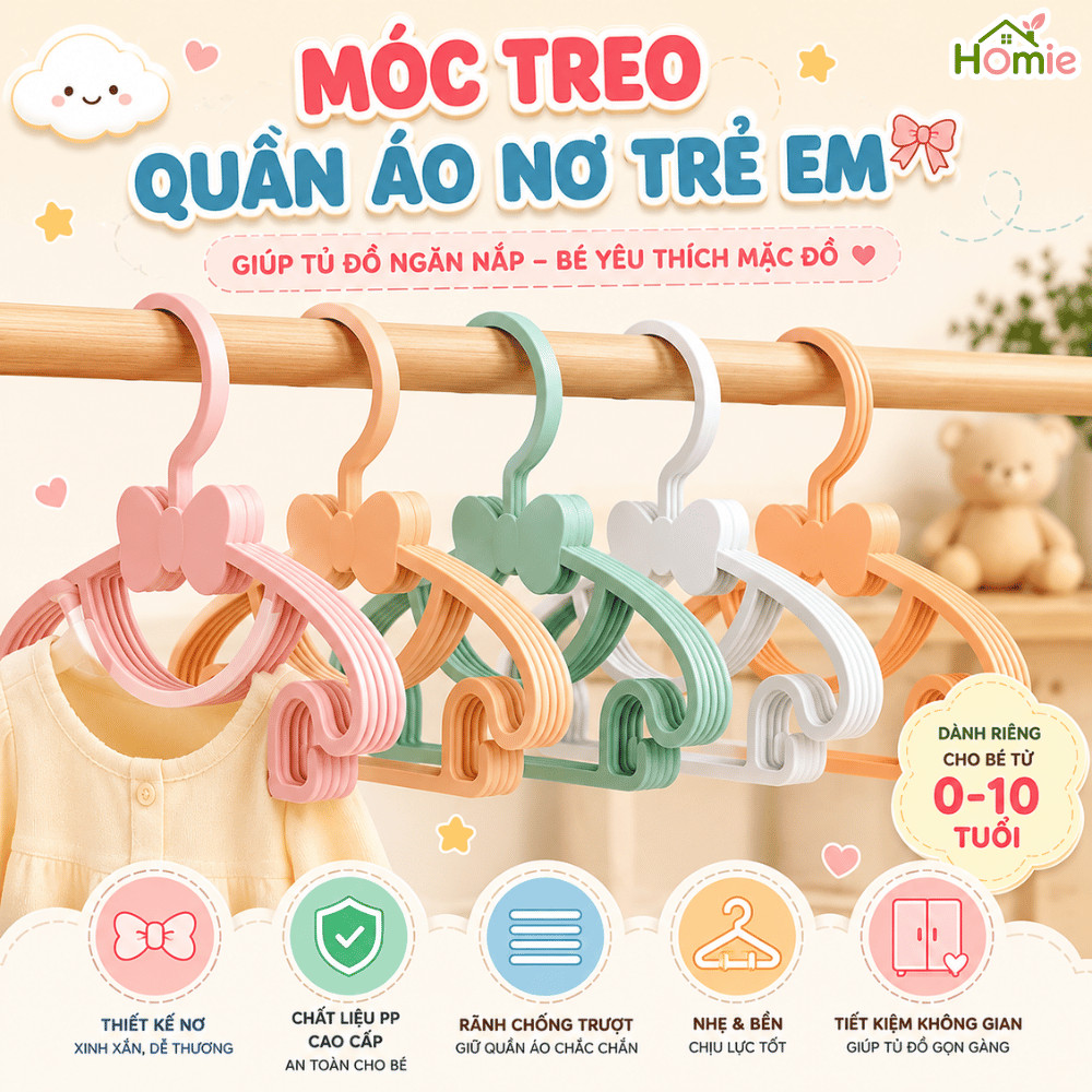 Combo 40 Móc Quần Áo Trẻ Em Thiết Kế Hình Nơ Dễ Thương HOMIE Móc Phơi Đồ Trẻ Sơ Sinh Nhựa PP An Toàn