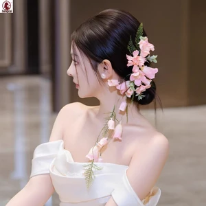 Cô Dâu Màu Hồng Nhân Tạo Hoa Tóc Tay Phong Cách Rừng Phụ Kiện Tóc Cho Chụp Ảnh Đám Cưới