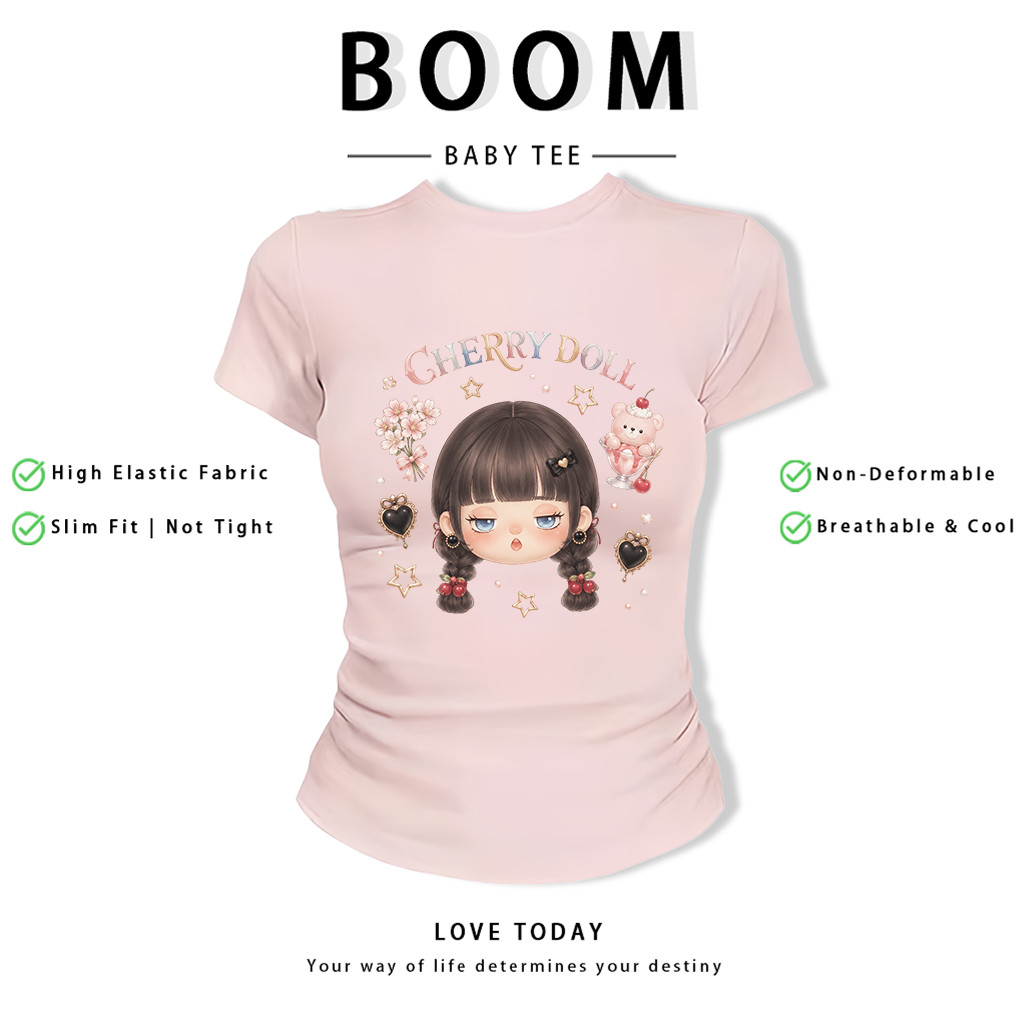 BOOM Áo Baby Tee Nữ Cotton Ôm Body-Áo Thun Ngắn Tay Y2K In Hình PhongCách Mùa Hè, Cổ Tròn Hàng Đầucách hàn quốc phong341