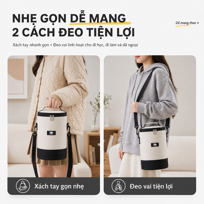 Túi giữ nhiệt hộp cơm văn phòng 3 lớp dày dặn, chống nước chống xước, có quai xách tiện lợi, giữ cơm nóng suốt ngày