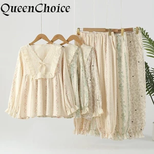 Phụ Nữ Cotton Dài Tay Váy Ngủ Bộ Đồ Ngủ Nữ Thường Ngày In Hoa Homewear Màu Be Đồ Ngủ