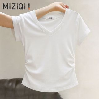 [Miziqi] Áo thun cổ chữ v màu trắng mùa hè dành cho nữ Áo ngắn xếp ly