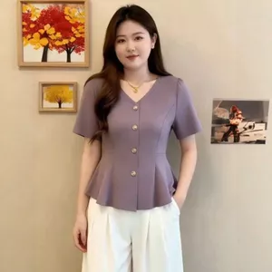 Pháp Cổ Chữ V Chính Hãng Vai Ngắn Tay Áo Thun Plus Size Quần Áo Nữ Béo mm Che Mỡ Ôm Hơn Nhìn Tính Khí Độc Đáo 6.23