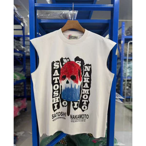 Chất Lượng Cao Retro Gradient Đầu Lâu In Áo Vest Không Tay Rời Cotton Nguyên Chất Áo Vest Ngoài Vai Phong Cách Đường Phố Thường Ngày Hàng Đầu