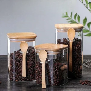 Cao Borosilicate Trong Suốt Thủy Tinh Vuông Kín Bình Bảo Quản Hộ Gia Đình Có Thìa Gỗ Chai Gia Vị Nhà Bếp Thủy Tinh Bảo Quản Bình GHGN