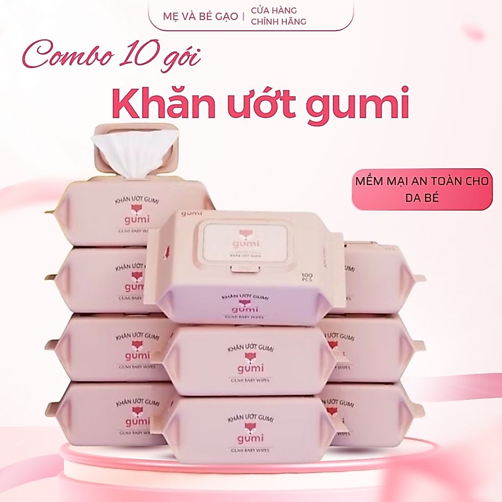 Thùng 10 gói khăn ướt 100 tờ Gumi không cồn,không parabens cao cấp dành cho bé