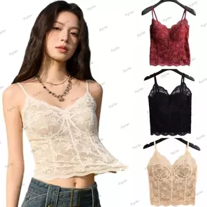 PYCOU Áo hai dây ren kiểu Pháp, Tấm lót ngực tích hợp Thiết kế lưng đẹp Áo vest lụa băng, Thiết kế không dây Chất liệu Nylon Một mảnh xây dựng dây đeo ren Áo vest phong cách cô gái nóng bỏng