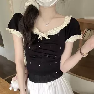 Áo len ngắn tay ren Niche thiết kế nơ ngọt ngào Slim-Fit ngắn mùa hè Phong cách mới Áo phong cách Hàn Quốc