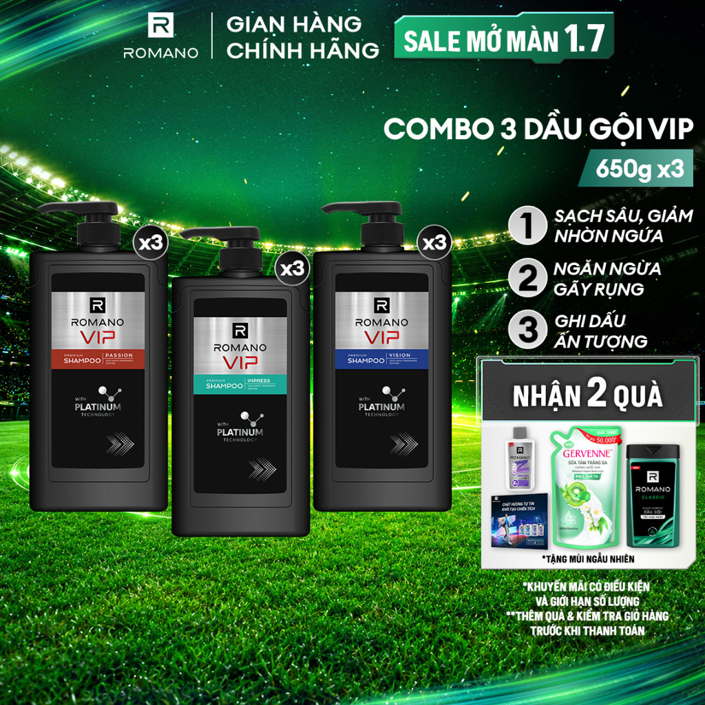 Combo 3 Dầu gội nam cao cấp Romano VIP Passion / Vision / Impress ( 650g x 3 )
