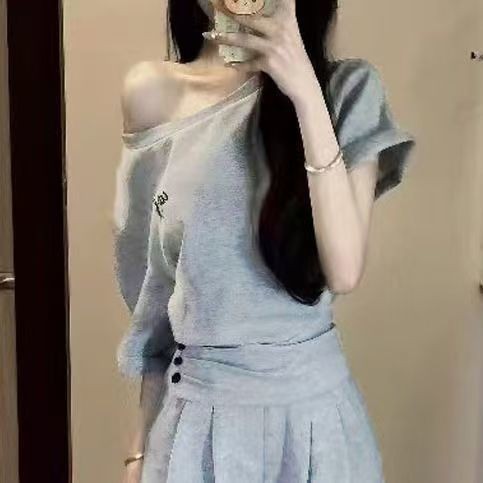 2025 Mới Phong Cách Hàn Quốc Màu Xám Thường Ngày Bộ Đồ Thể Thao Nữ Mùa Hè Ngắn Phong Cách Nẹp Slanted Vai Top Quần Ống Rộng Bộ Đồ Hai Mảnh