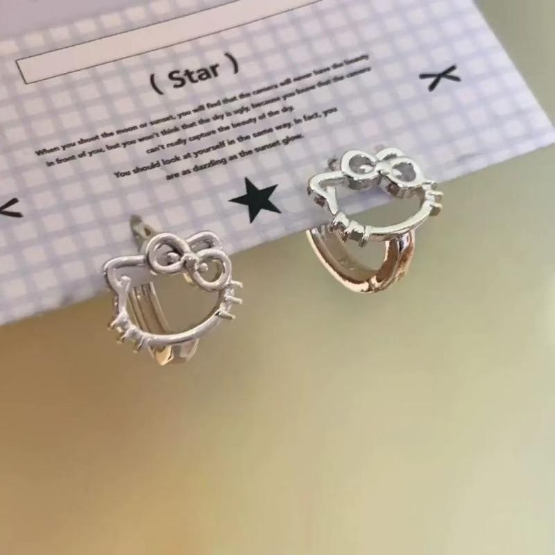 Bông tai Hello Kitty nơ kim loại, trang sức bạc, quà tặng