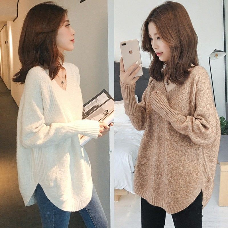 Áo sơ mi dệt kim cổ thấp cho bà bầu mùa thu