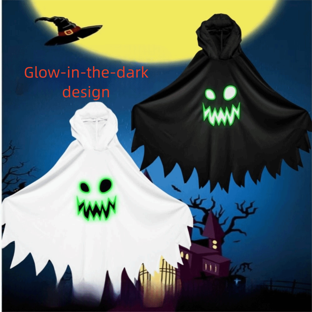 Hood Cape cosplayGhost, thiết kế khuôn mặt ma và phát sáng trong bóng tối, bộ đồ Halloween màu đen trắng dành cho bé trai