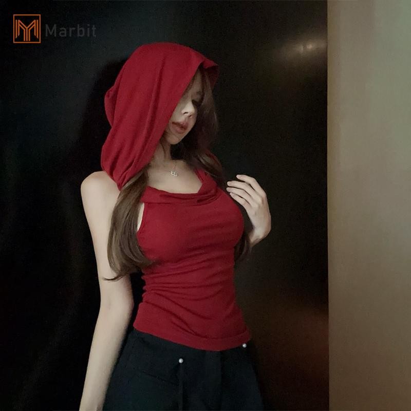 Áo sơ mi nữ không tay có mũ trùm đầu phong cách retro Y2K, thiết kế chắc chắn dành cho mùa hè