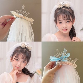 Mới 2025 Vương Miện Ngọt Ngào Veil Trẻ Em Xanh Hồng Công Chúa Tuyn Nơ Kẹp Bé Gái Tiệc Sinh Nhật Cô Dâu Phụ Kiện