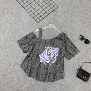 Áo thun bigsize nữ lệch vai form rộng vải xược in bươm bướm tím cá tính, croptop dễ thương năng động-A316