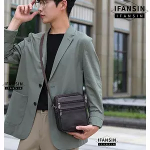 Túi đeo vai nam IFANSIN, Túi Messenger nhiều ngăn màu trơn, Túi đeo chéo da PU thời trang nam
