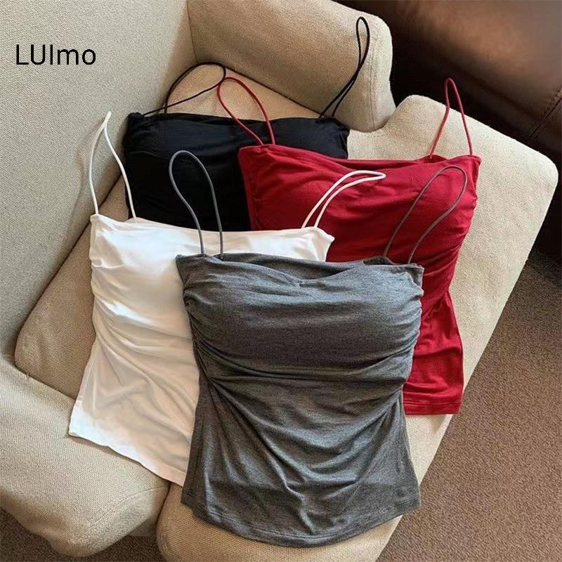 LUImo Gợi Cảm Chắc Chắn Xếp Ly Xe Tăng Camisole Nữ Mùa Hè Spaghetti Dây Không Tay Áo SBS