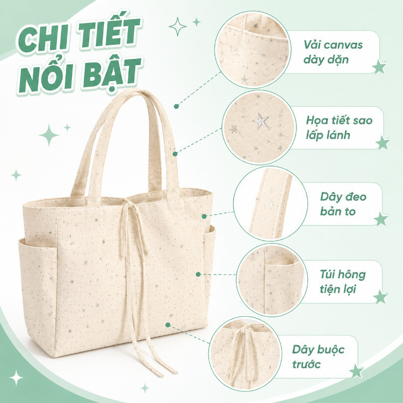 Túi Tote Canvas Sao Lấp Lánh - Tuyên Ngôn Thời Trang Cá Tính, Phong Cách Hàn Quốc Trẻ Trung, Đi Học Đi Làm Đều Chất