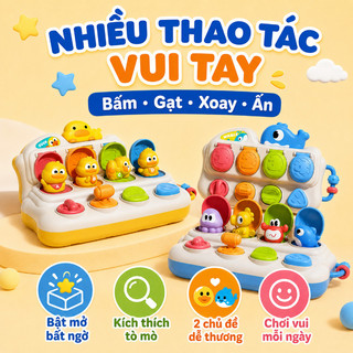 Đồ chơi tương tác bật mở – Chủ đề vịt & cá voi – Bấm, gạt, xoay – Nhận biết màu sắc, phát triển trí nhớ – Không pin
