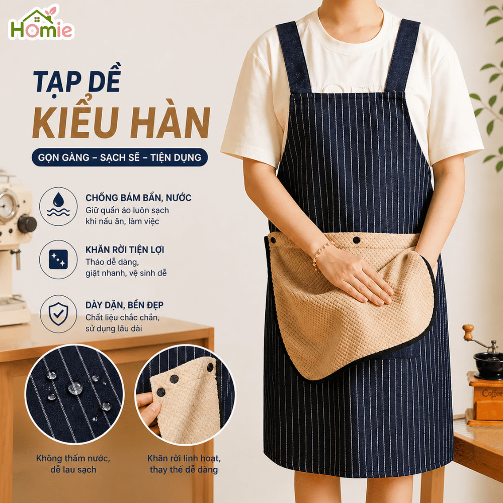 Tạp Dề Nấu Ăn Chống Thấm Dầu Có Khăn Lau Tay San Hô Tháo Rời HOMIE, Có Túi Đựng Đồ Tiện Lợi