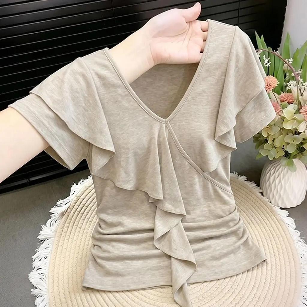 [Seckill trong thời gian có hạn] Phong cách mới Thiết kế bán chạy Áo thun ngắn tay cổ chữ V xù, Áo thun đẹp nhẹ nhàng mùa hè