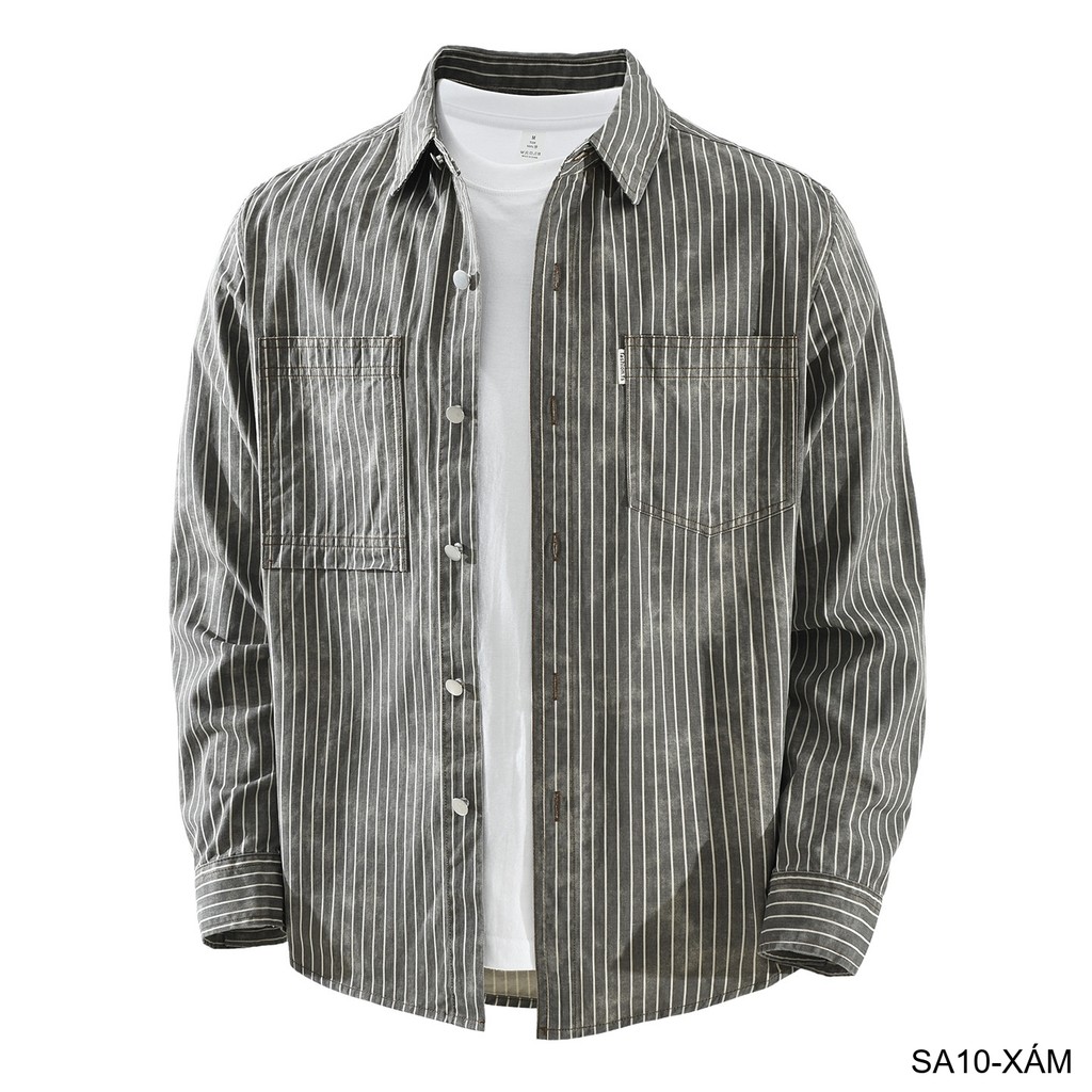 SA10 - Áo sơ mi nam dài tay sọc dọc phong cách Nhật Bản, chất cotton mềm mại, form rộng thoải mái