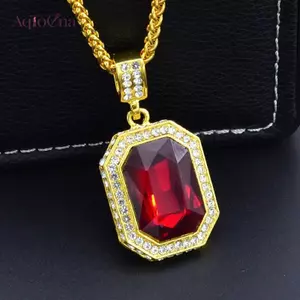 AqToCna Kẻ Sọc Kim Cương Vuông Ruby Nelace Hip Hop Nam Mặt Dây Chuyền Đá Đỏ Mặt Dây Chuyền Trang Sức Vintage Trang Phục Phụ Kiện AqToCna