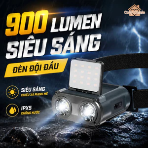 Đèn đội đầu 900 Lumen, Siêu sáng, Chống nước IPX5, 5 chế độ chiếu sáng, Sạc Type-C, Thích hợp cho cắm trại và câu cá đêm