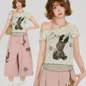 Milyfashion In Hình Giả Hai Mảnh Gạc Áo Thun Ngắn Tay Mùa Hè Phong Cách Mới Cổ Dây Ngắn Áo Cho Bé Y2K SKTU