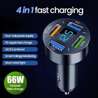 Bộ sạc ô tô 4 cổng USB 66W, sạc nhanh USB3.0 100W, màn hình LED kỹ thuật số, an toàn, tốc độ cao, dành cho iOS/Android.
