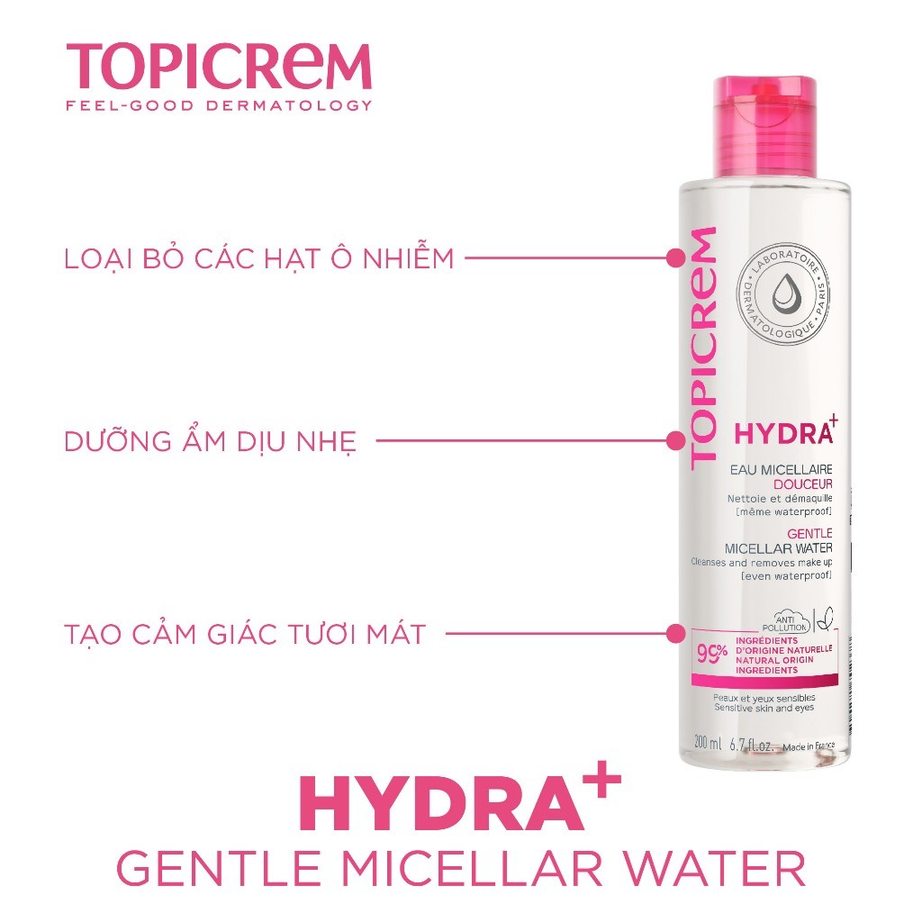 Nước tẩy trang dịu nhẹ TOPICREM HYDRA+ GENTLE MICELLAR WATER 200ML