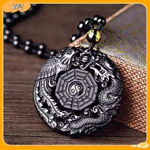 VFZ Tự Nhiên Obsidian Tay Khắc Rồng Trung Quốc Phượng Hoàng Chim BaGua Nelace Dành Cho Nữ Lu Linh Vật Mặt Dây Chuyền Louislifecool