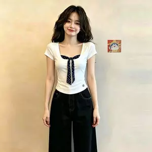 Phong cách Hàn Quốc Pure Desire Cổ thấp chấm bi phối ren Áo thun ngắn tay giả hai mảnh phong cách mới mùa hè